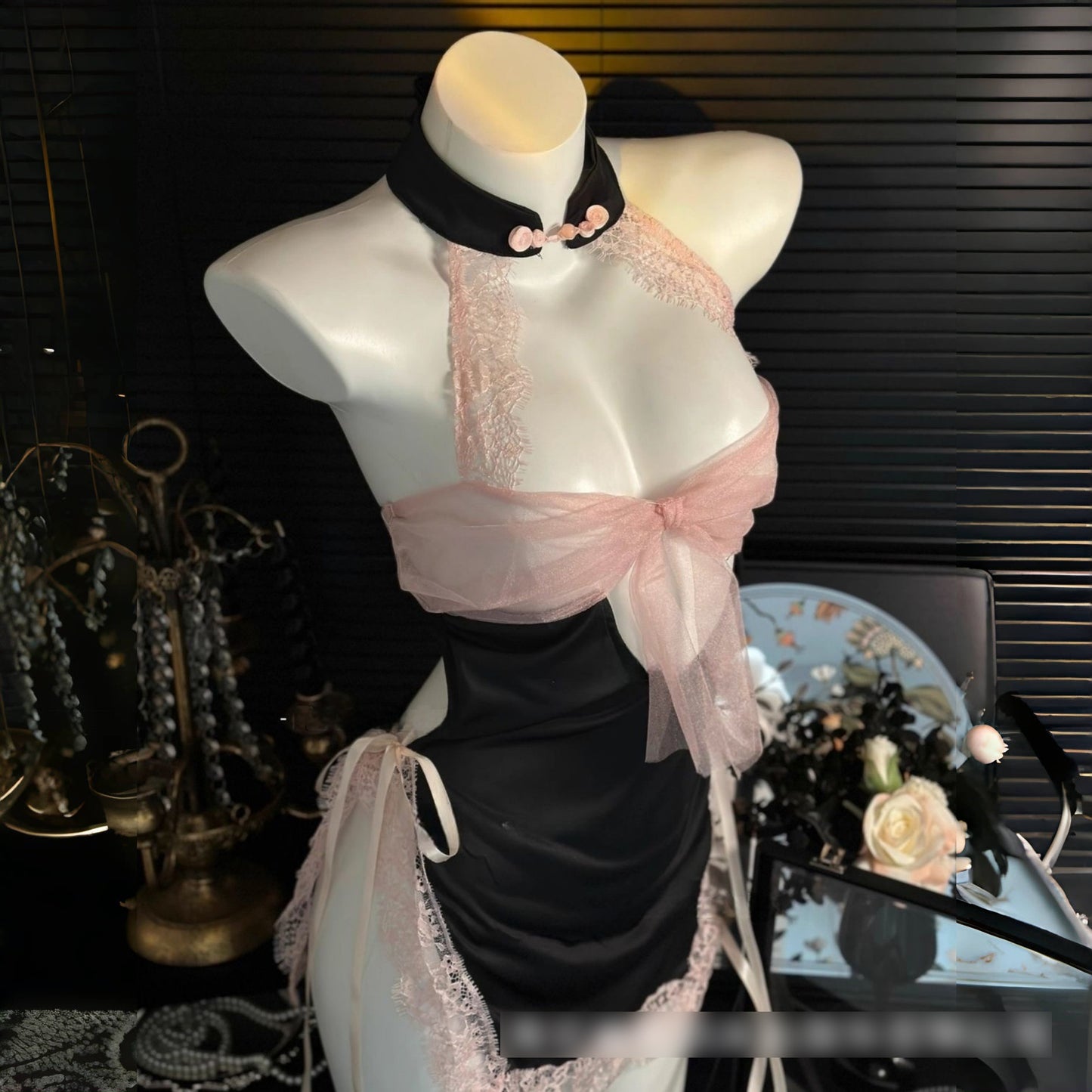 Night's Depth Seductive Lingerie - Pure Desire Style for Small Chest, Gentle Wife [Bodysuit Dress + Back Skirt Tail + G-String]